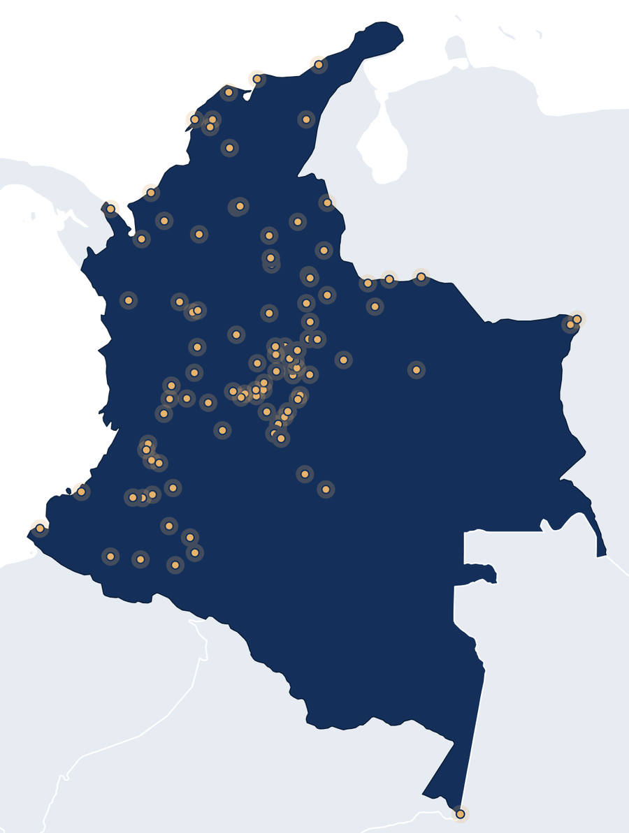 Mapa de Colombia con la sede principal en Bogotá